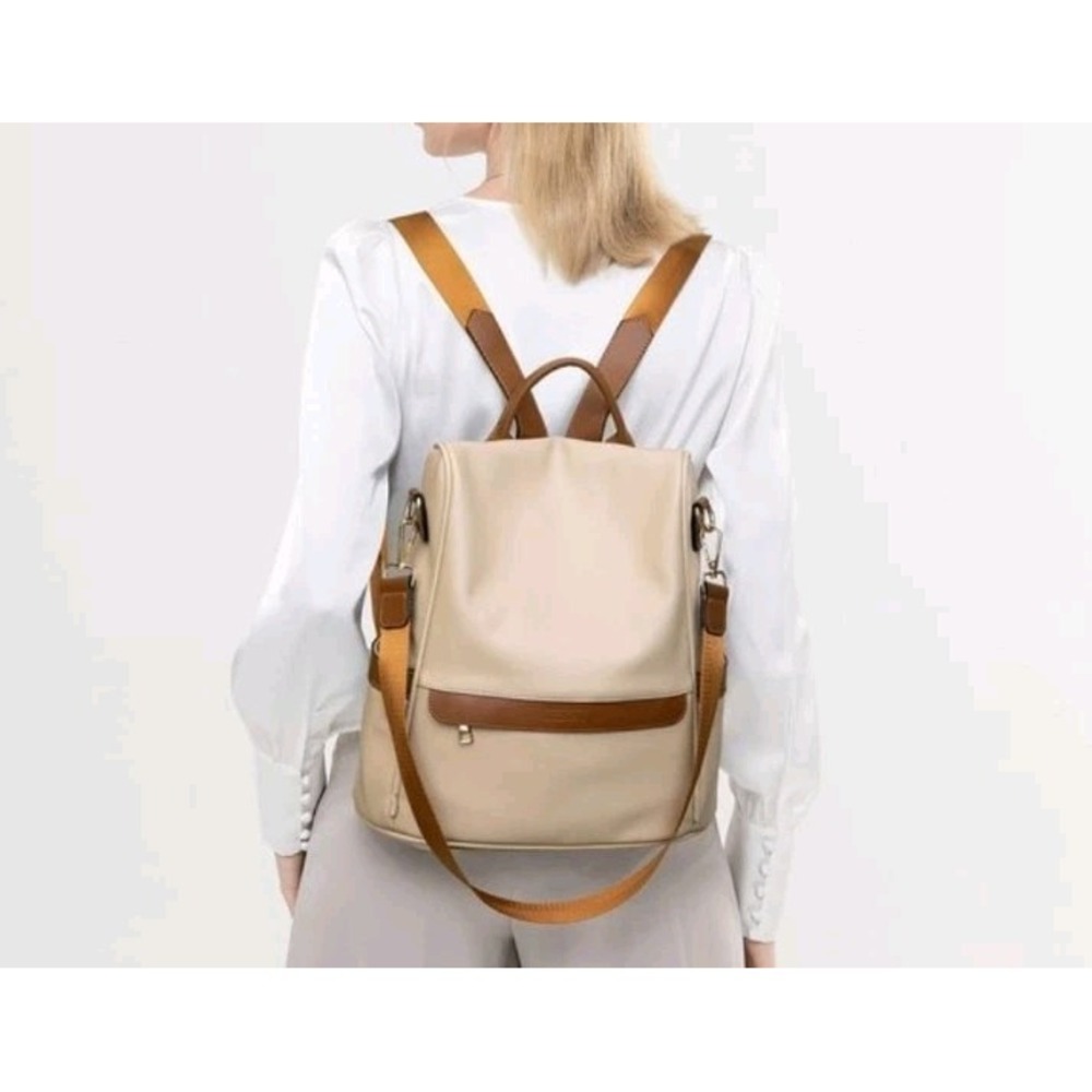 Women Anti-Theft Backpack Purse Beige PU Leather Convertible Shoulder Bag Medium
